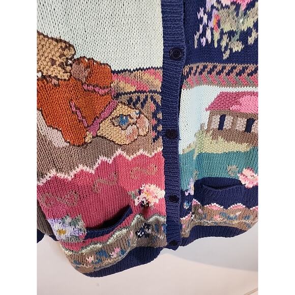 VINTAGE 90s TOGETHER Floral Chunky Knit Cardigan Sweater XL Teddy Bear - Picture 4 of 7